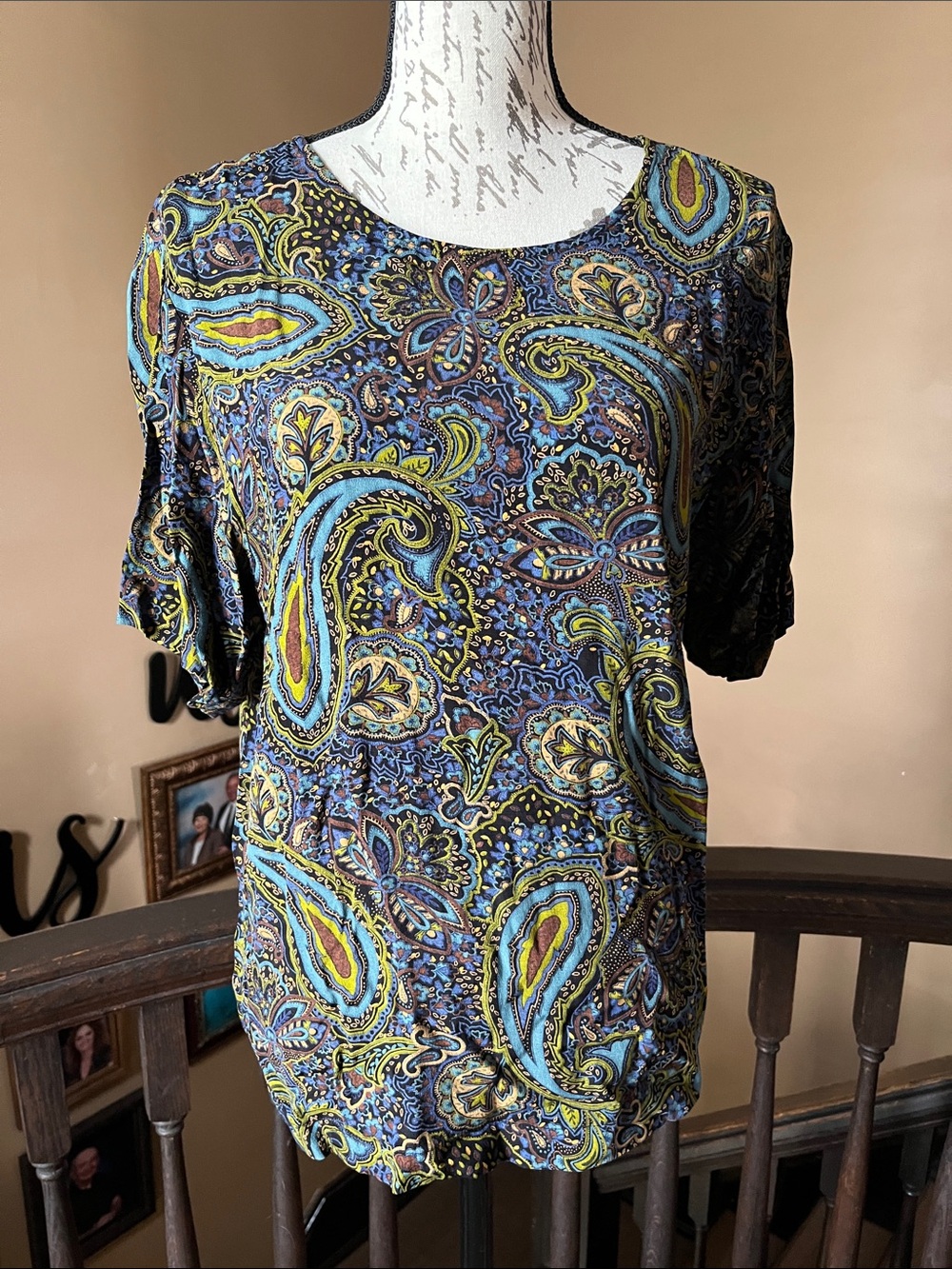 Karen Kane Paisley Short Sleeve Top in Blue and Green